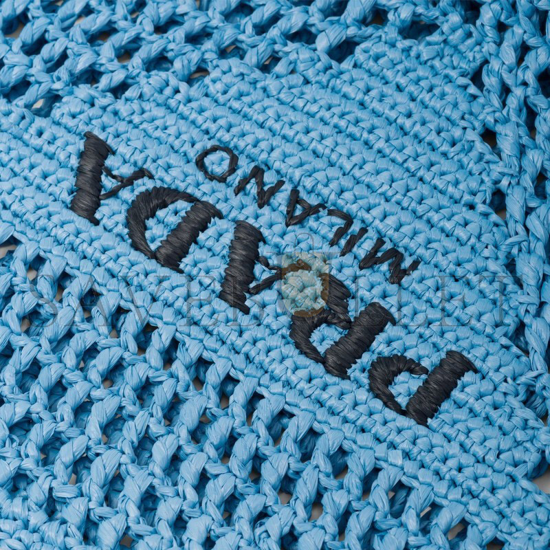PRADA TRIANGLE LOGO BUCKET TOTE RAFFIA BLUE 1BG424 (53*40cm)